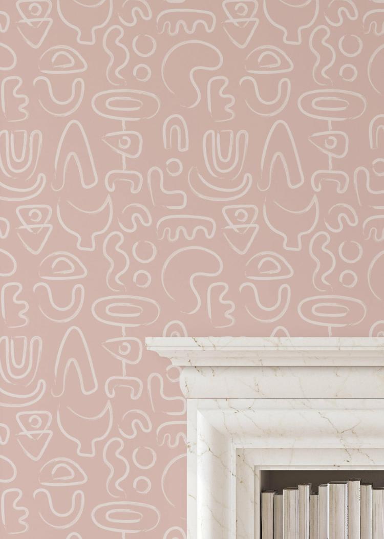 Aztec Wallpaper – X Folk + Nest Wallpaper Collaboration  |   Wallpaper On The Wall Light Pink Backdrop + White outline