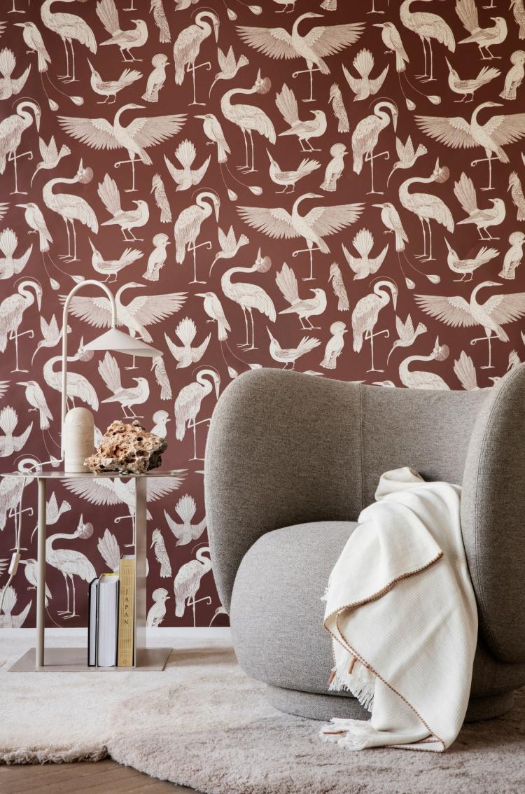 Katie Scott For Ferm Living Birds Wallpaper  |   Wallpaper On The Wall Dusty Red